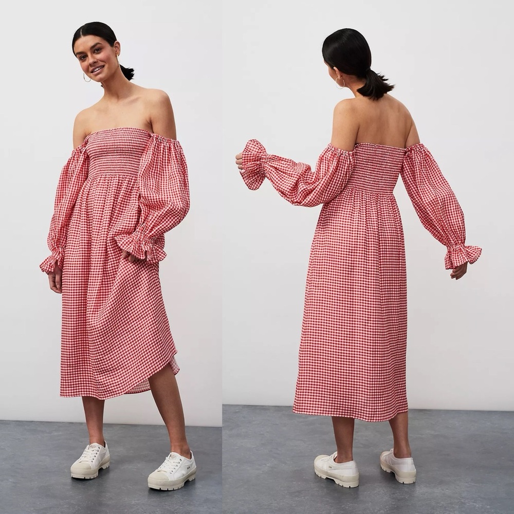 Sleeper Red Gingham Off-Shoulder Midi Dress